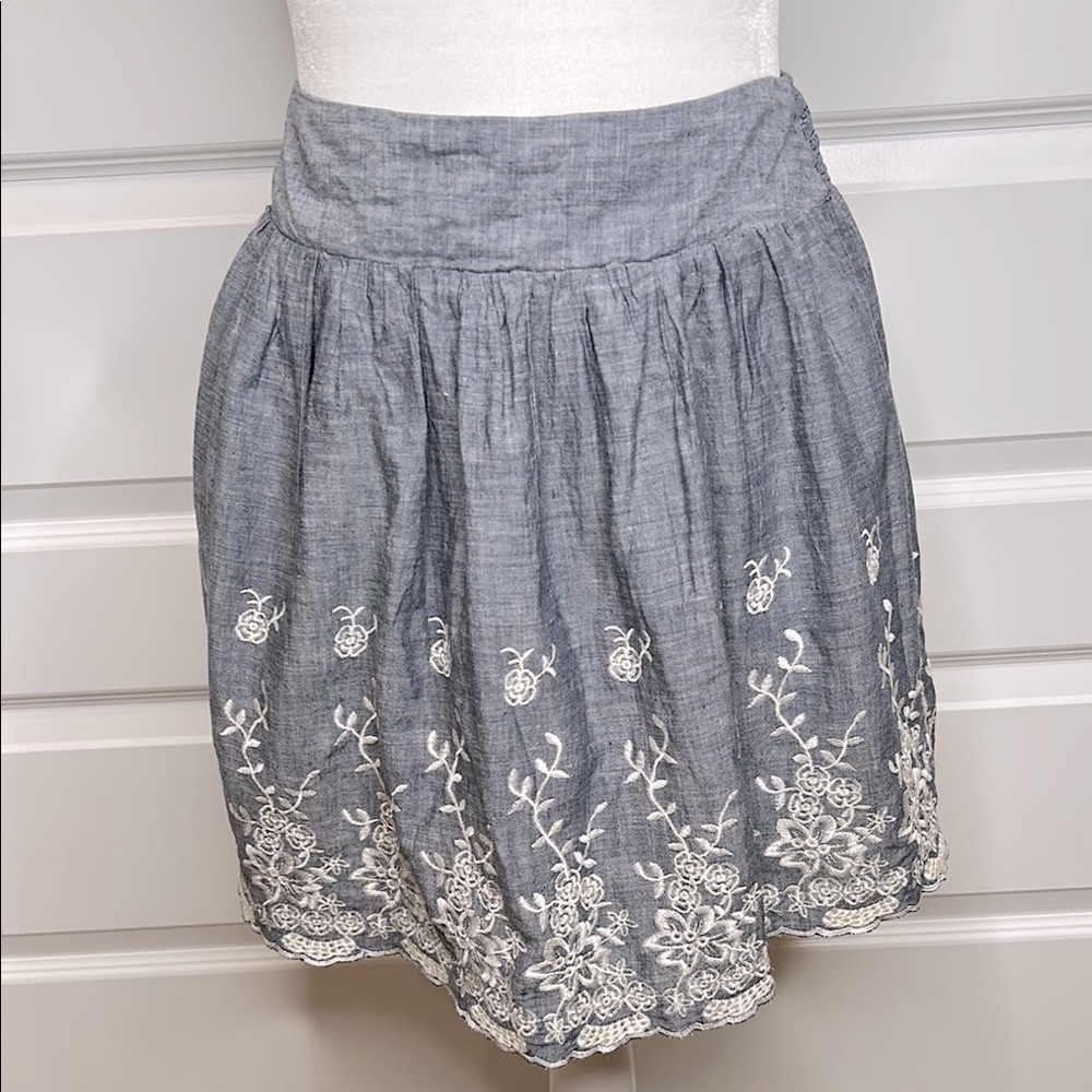 Forever 21 Blue/Gray Embroidered Skirt, Elastic Waistband Skirt, Lined,Sz S